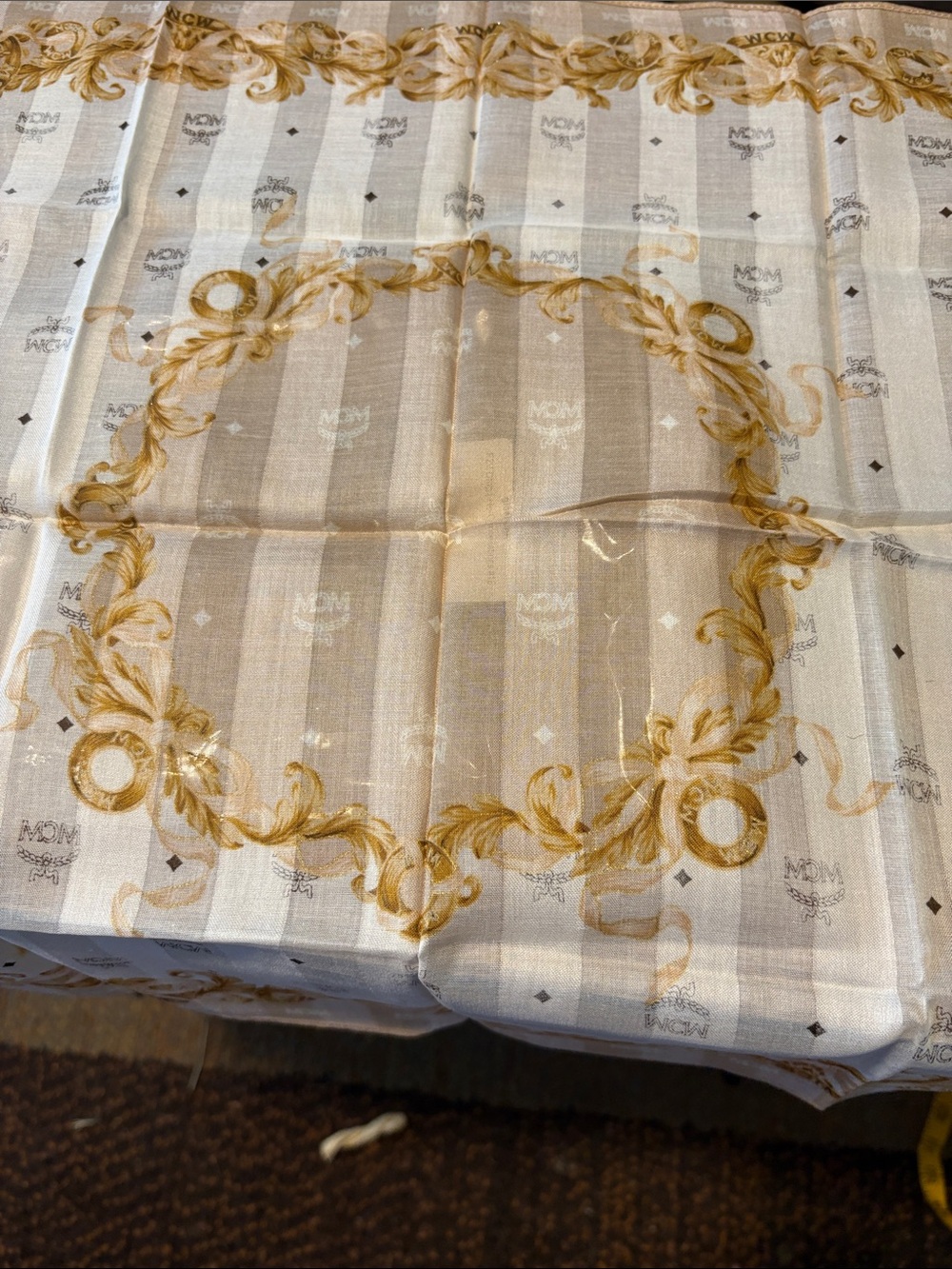 MCM Cream and Gold Baroque Silk Scarf with Monogram